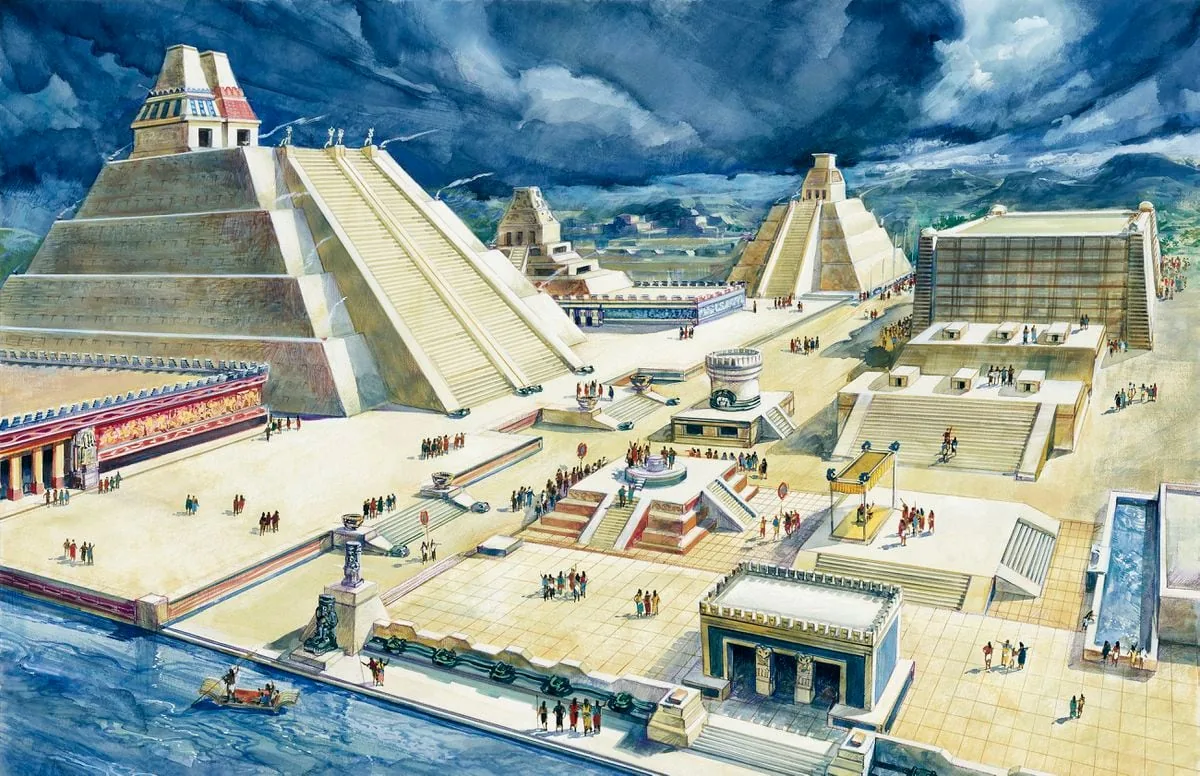 Rekonstrukce posvátného okrsku Tenochtitlánu s Velkým chrámem před příchodem Španělů
