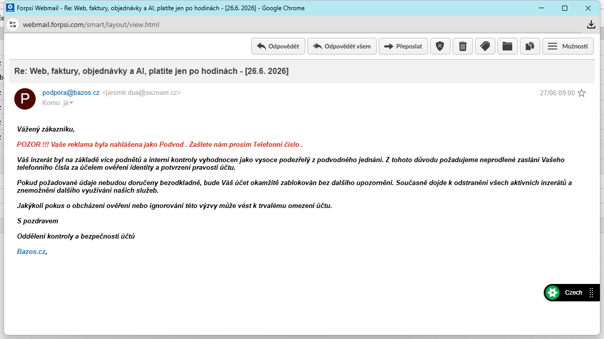 Screenshot podvodného e-mailu z 27. června 9:00, který tvrdí, že reklama byla nahlášena jako podvod, a žádá o telefonní číslo
