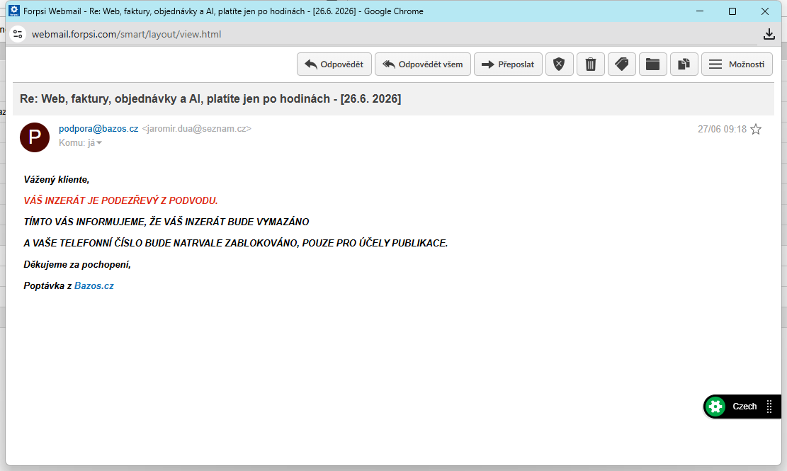 Screenshot podvodného e-mailu z 27. června 9:18 s pravopisnou chybou, který tvrdí, že inzerát bude vymazán a číslo zablokováno