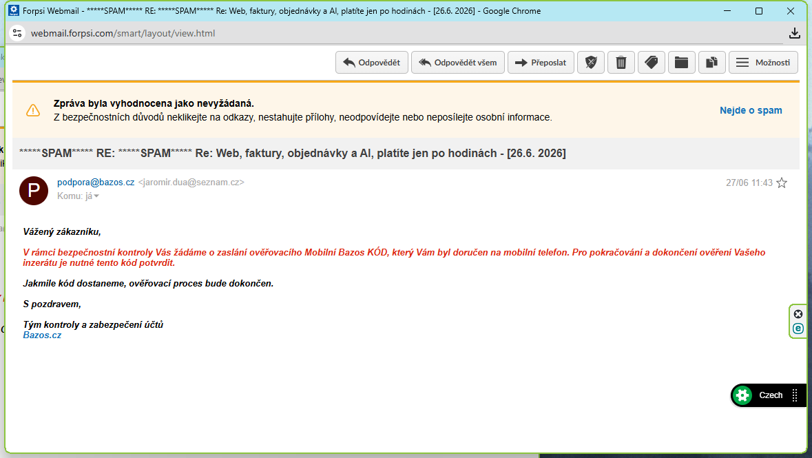 Screenshot podvodného e-mailu z 27. června 11:43, který žádá o zaslání ověřovacího Bazoš kódu