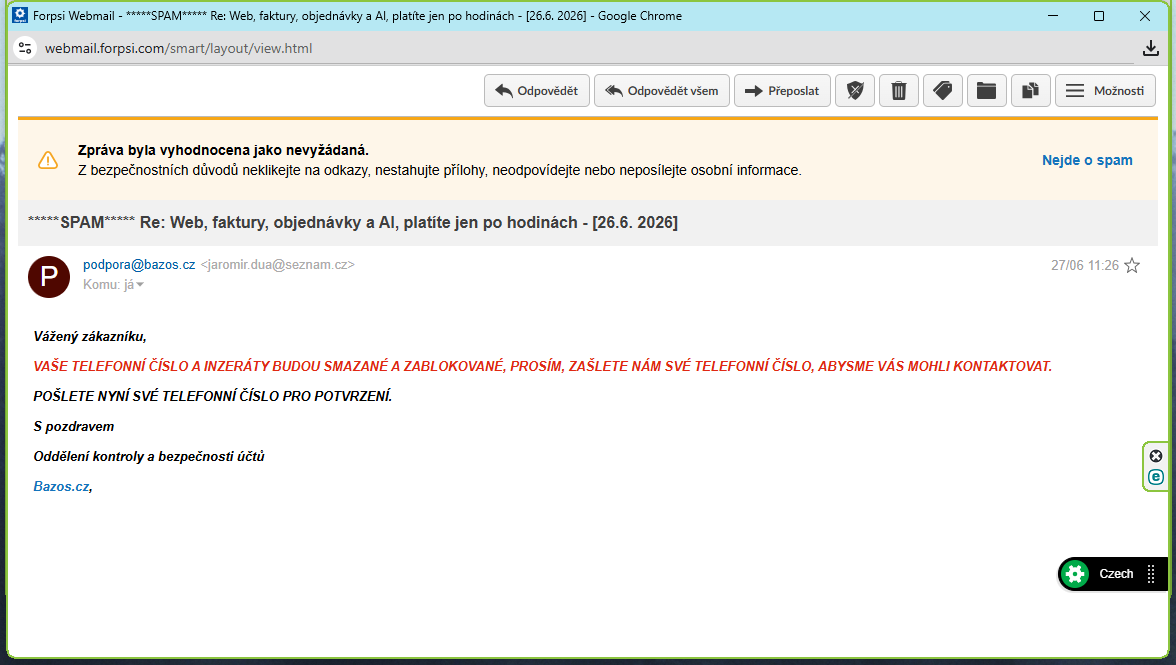 Screenshot podvodného e-mailu z 27. června 11:26, který velkými písmeny straší smazáním a zablokováním inzerátu a žádá o telefonní číslo