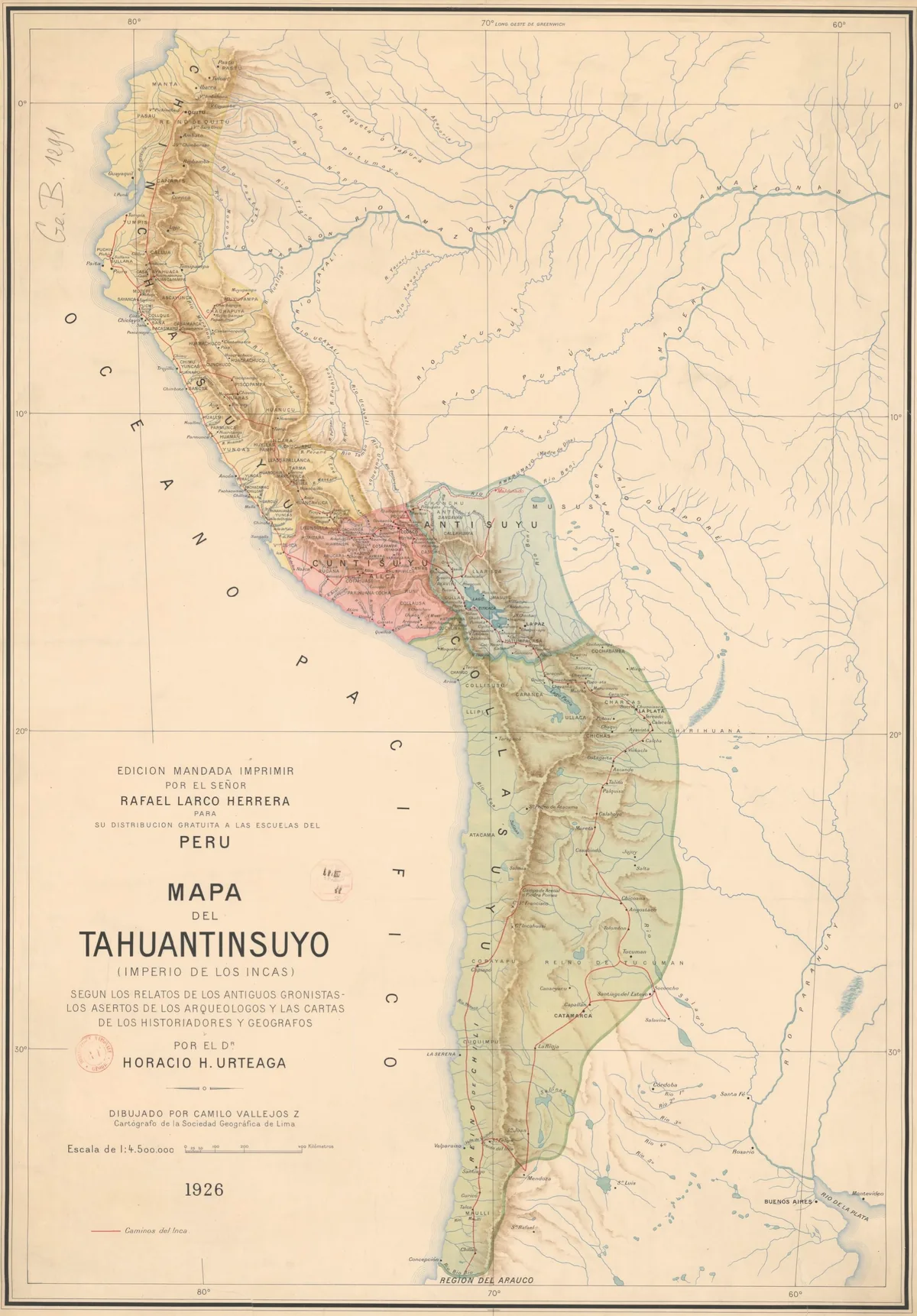 Historická mapa incké říše Tahuantinsuyo z roku 1926 s vyznačenými inckými cestami