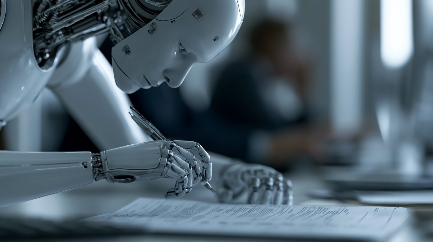 Humanoidní robot se sklání nad papíry na stole, v pozadí rozostřený člověk